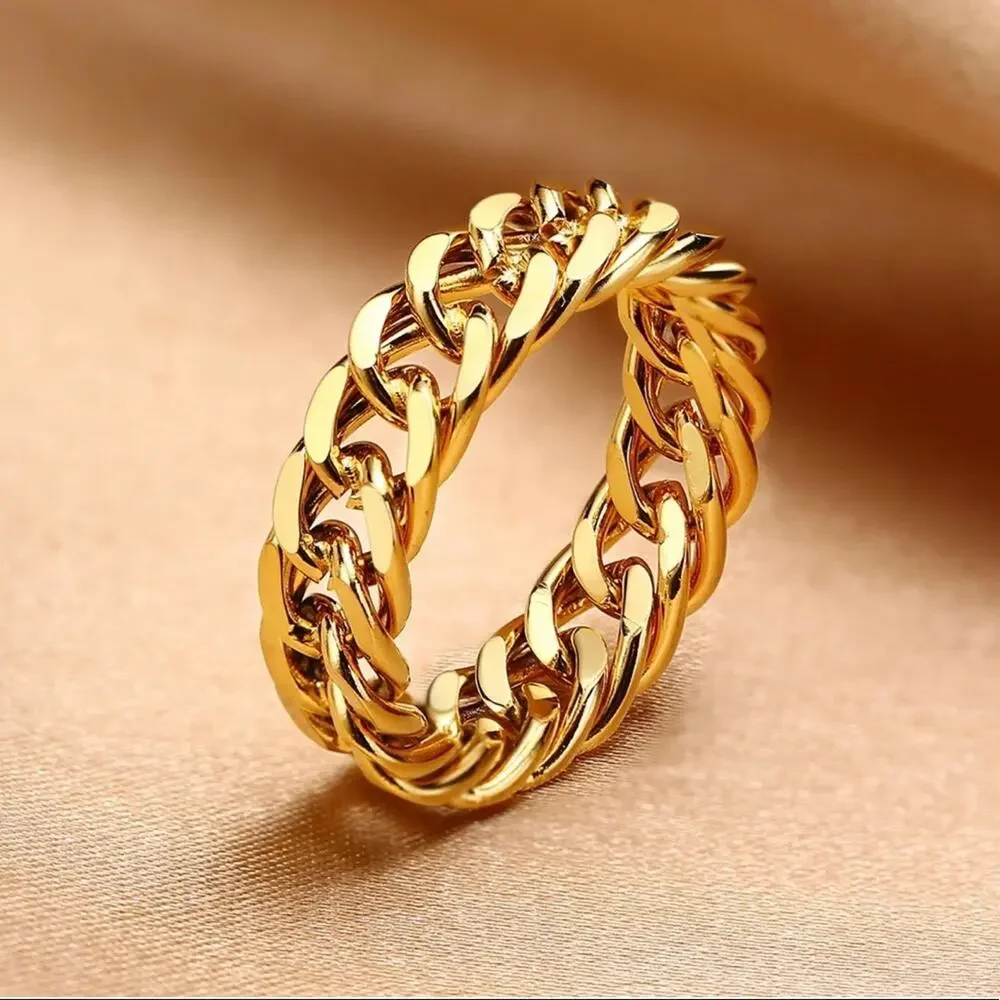 18K gold plated Cuban link chain 5mm ring jewelry size 8 B20